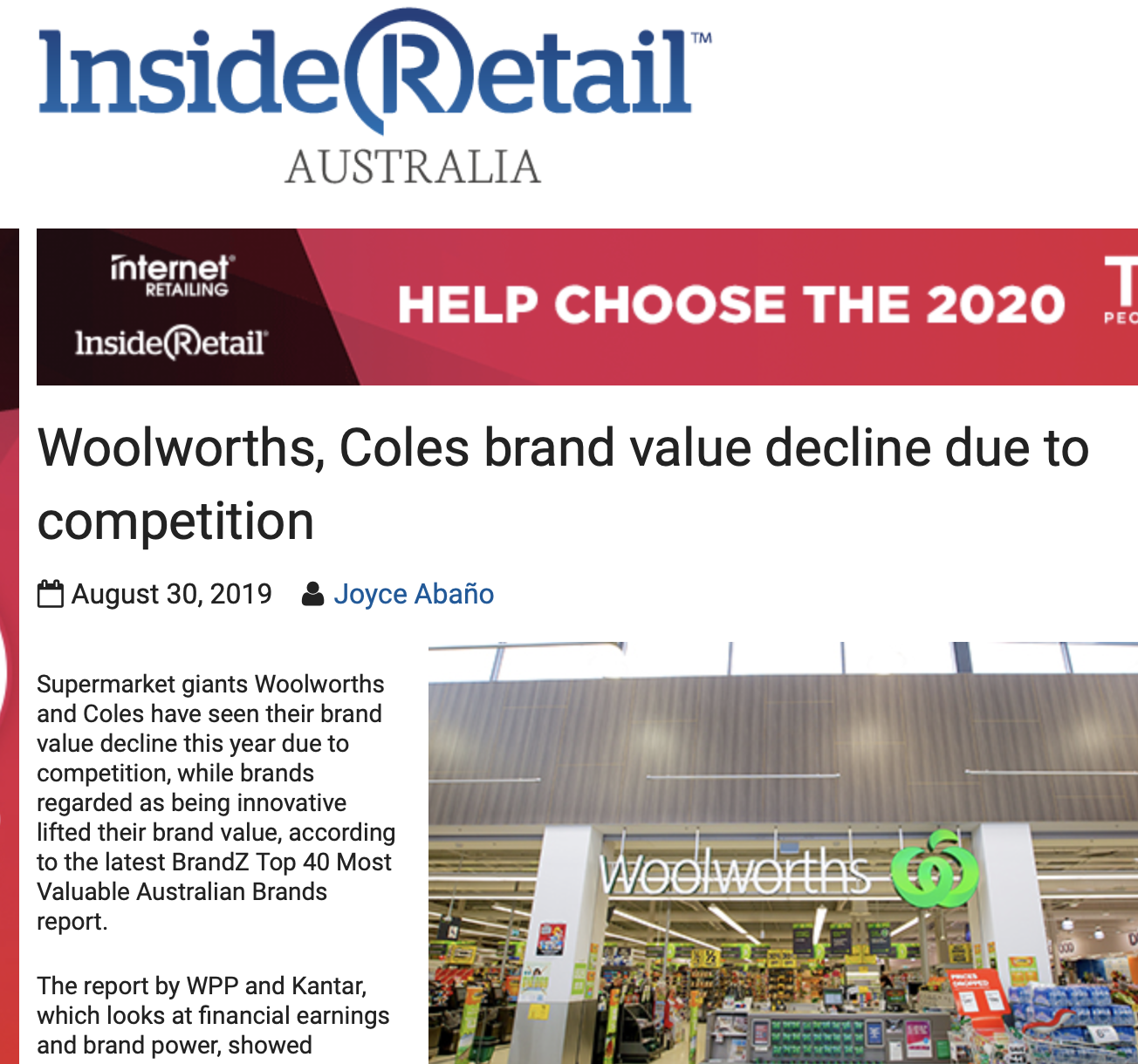 Inside Retail Woolworths, Coles brand value decline due to competition